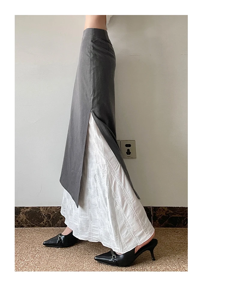 المرأة ريترو رمادي تقسم Bodycon حورية البحر تنورة الجانب الشق تصميم أنيق سليم صالح عالية الخصر ميدي تنورة الخريف الشتاء