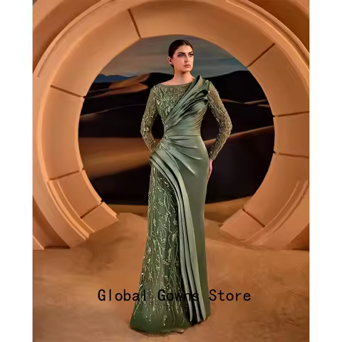 2025 Luxury Green Beaded Pleats Evening Dresses Vestido Prom Dresses Saudi Arabia Wedding Dress Women Customized Evening Dresses