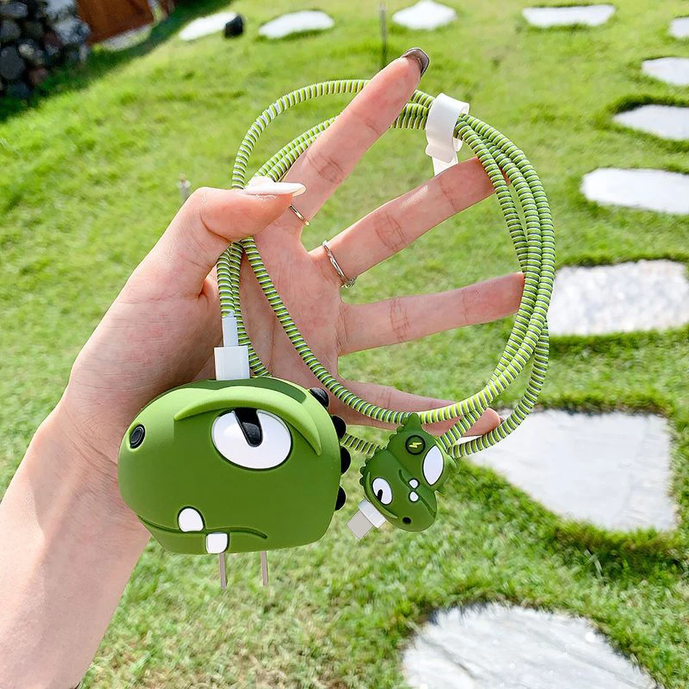 

3D Dinosaur Design Charger Cable Protector Cover For Apple iPhone 15 14 13 12 18W 20W US Charger Protective Cover Cable Winder