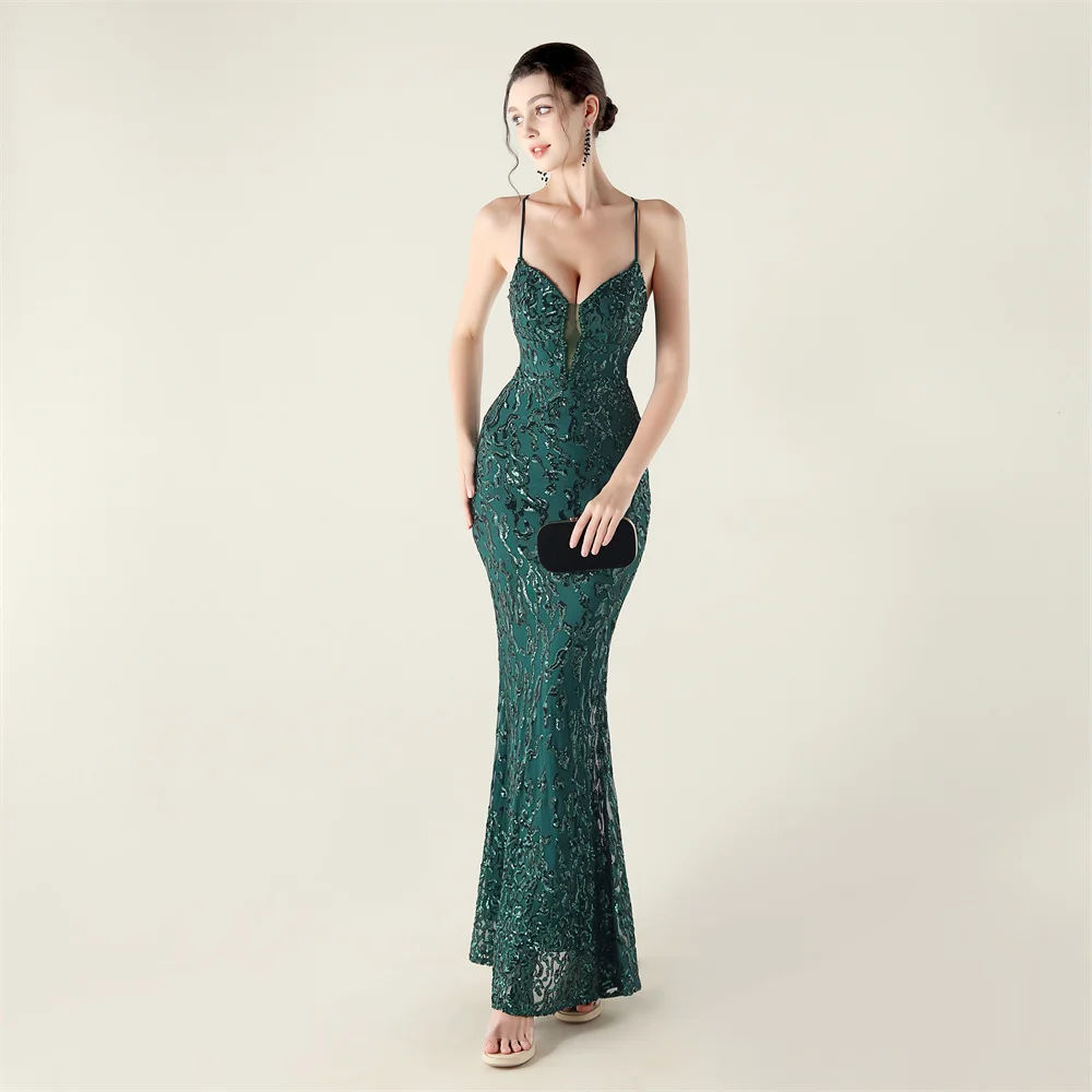 

Shiny Mermaid Evening Dresses Sequined Lace Spaghetti Straps V neck Prom Gown Pattern Lace Sequin Woman Formal Dress 2026