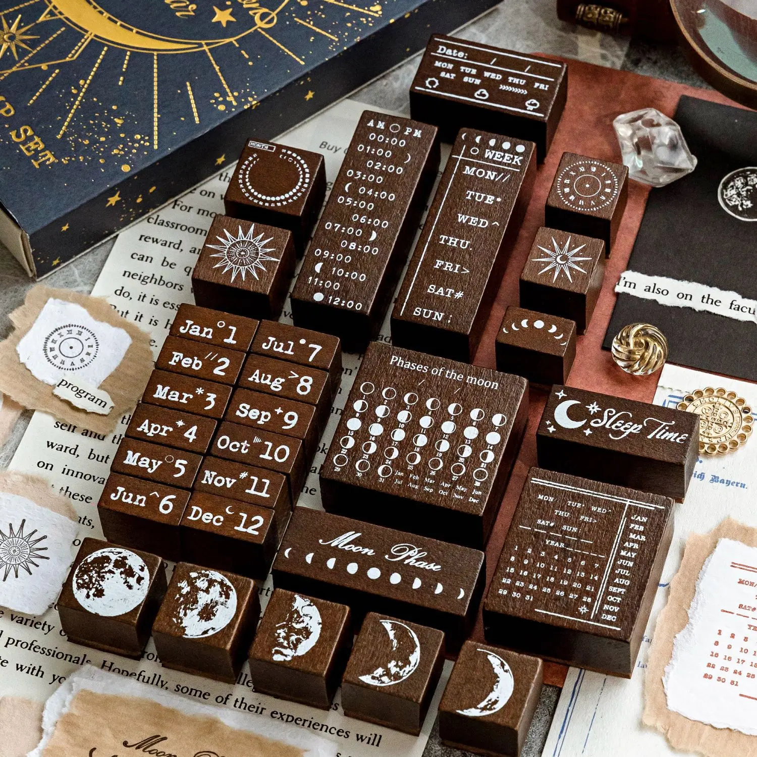 29pcs/1set Vintage Wooden Stamp DIY Lunar Light Year Stamps Set for Journaling Crafts Card Making Painting Teaching