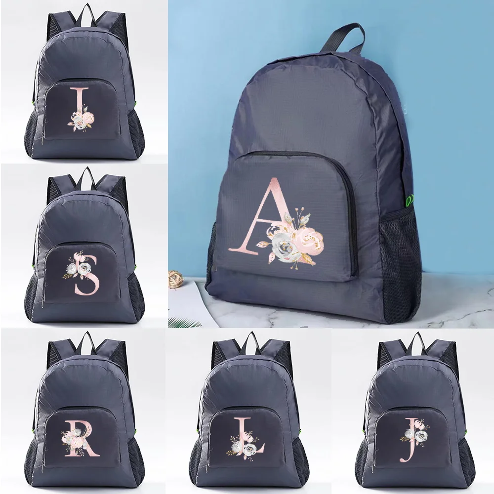 Backpack Travel Bag Ultralight Pink Flower Letter Print Foldable Bag Outdoor Travel Sport Run Daypack Organizer Camping Hiking