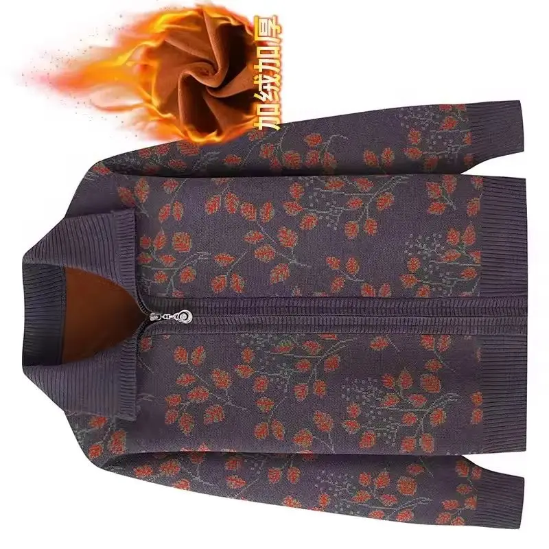 

Women Knitted Cardigan Fleece-Lined Warm Sweater Jacket Autumn Winter Middle-Aged and Elderly Mothers Clothes Female Knit Tops