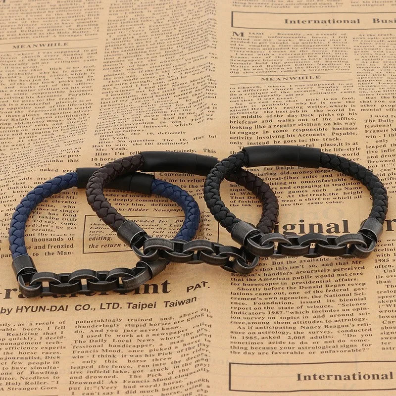 Hip Hop Blue Leather Rope Woven Bracelet for Men Vingate Stainless Steel Magnetic Button Jewelry Personalized Accessories