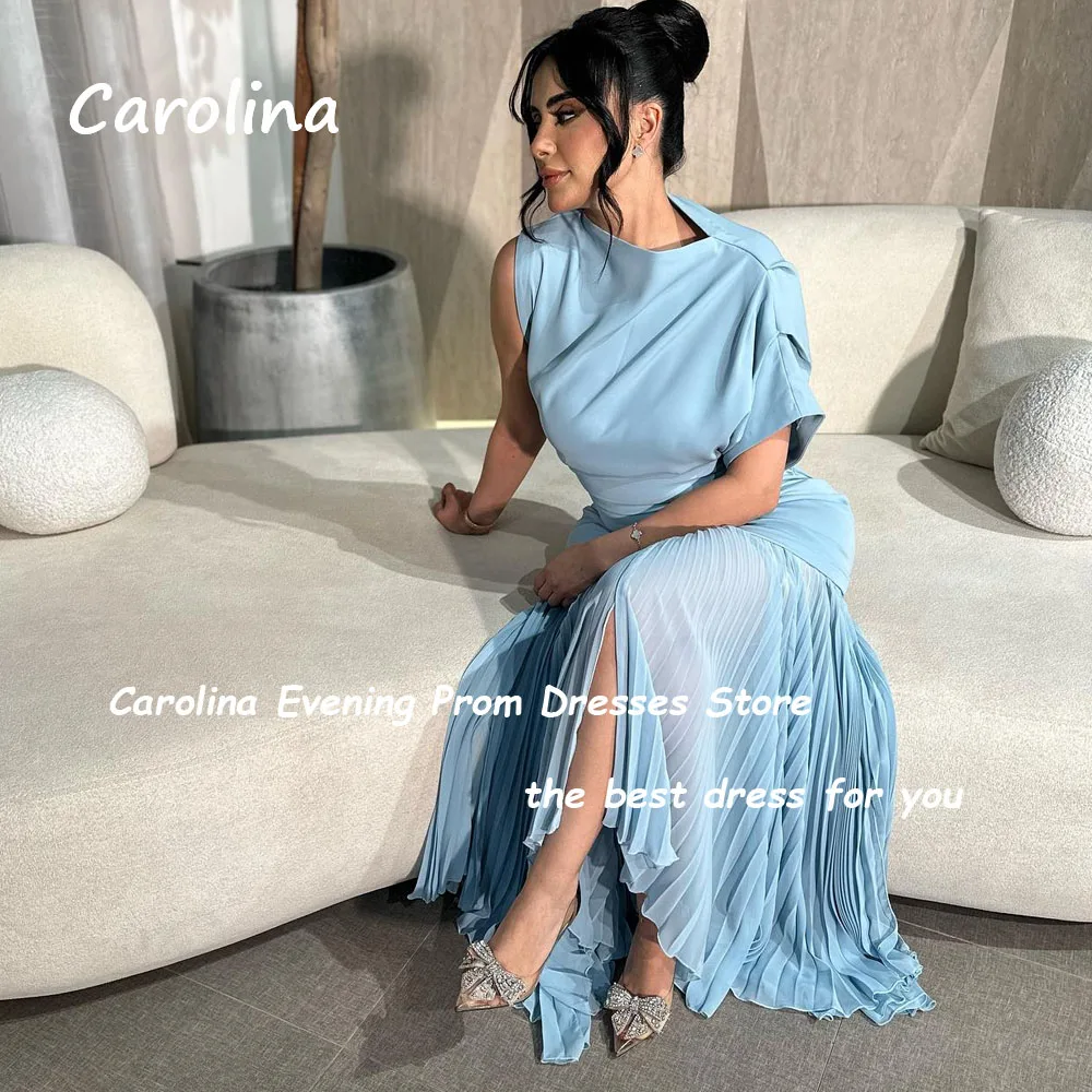 Carolina Blue One-Shoulder Crepe Mermaid Prom Gowns 2024 High Quality Slim Short Sleeve Ankle-Length Formal Evening Dress