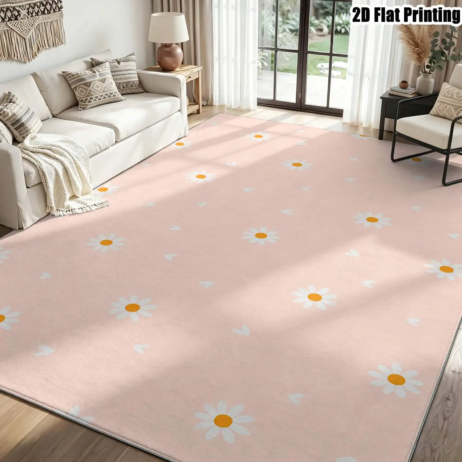 1Pc 2D Printed Pink Daisy Heart-Shaped Carpet: Nordic, Instagram-Inspired Modern Minimalist Floor Mat for Home Decor, Multi-Size, Machine Washable