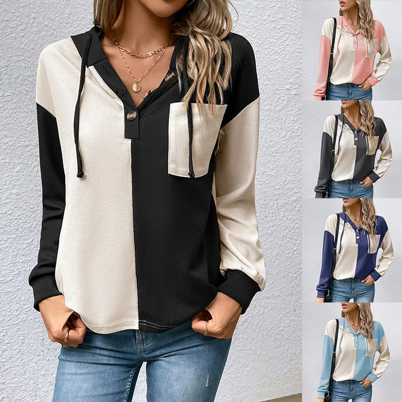 

Женский топ с капюшоном, разноцветный контрастный стиль весны и осени, хит продаж, европейская и американская одежда на независимом месте