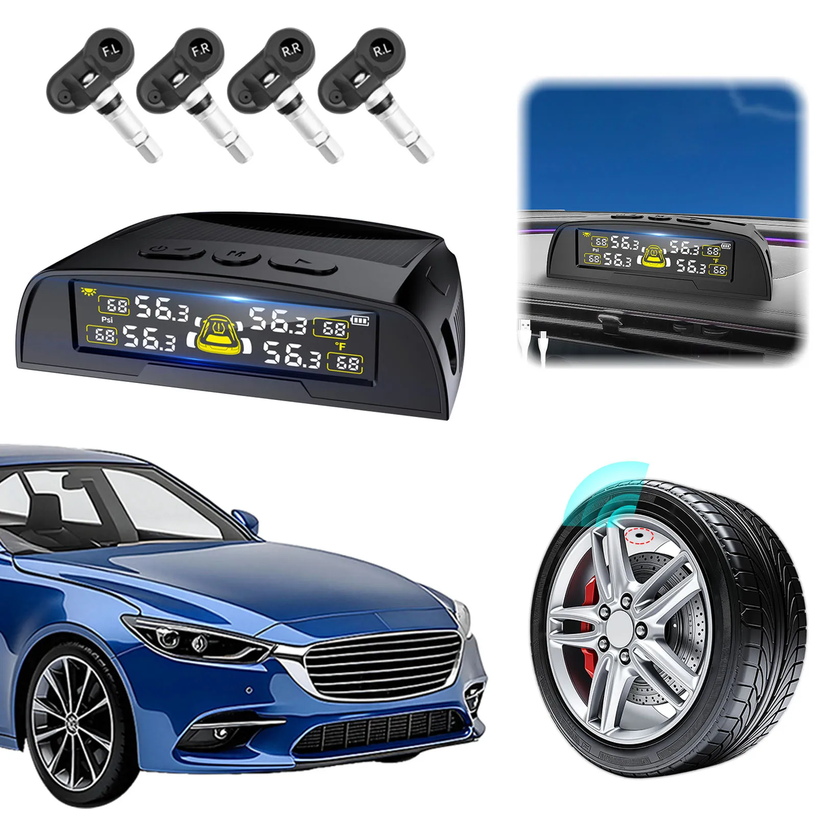 Tire Pressures Monitoring System with Solar Charge and USB Tire Pressures Monitor IPX7 Waterproof for RV Trailer Truck SUV