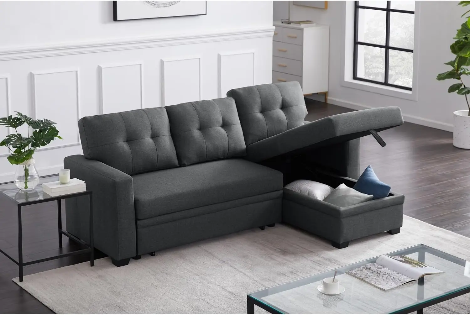 Devion Furniture L-Shaped Polyester Fabric Reversible, Easy Convertible Pull-Out Sleeper Sectional Sofa, Chaise with Tufted Back