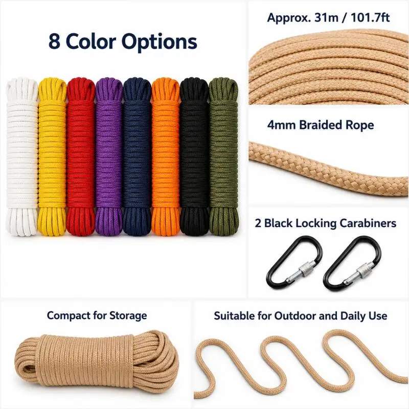 Braided Rope, Hand-Woven Decorative Rope. Cycling Bundle, Thickness Clothes Drying Quilt, Black, Red 4mm 31meters