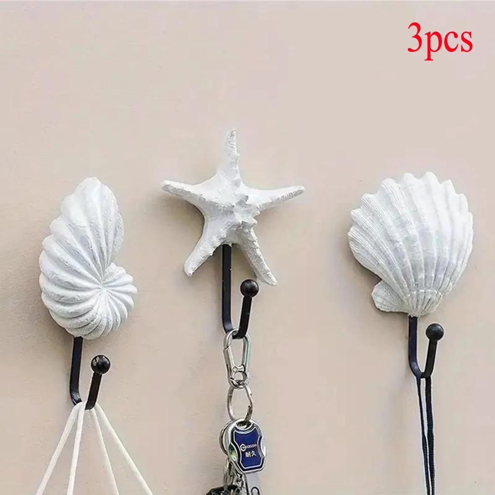 2/3pcs Hooks Wall Hanging Resin Coat Hooks Creativity Conch Scallops Starfish Mediterranean Style Hooks Home Keychain Holder