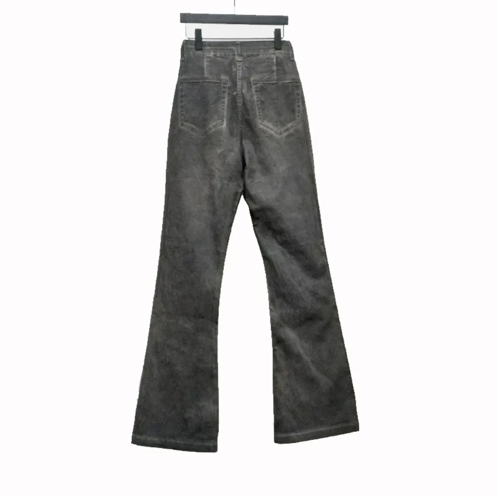 RO Style Denim Pants Men's Washed Grey Slim Fit Elastic High Waisted Casual Flared Jeans Floor Pants Hand Brushed Waxed Pants
