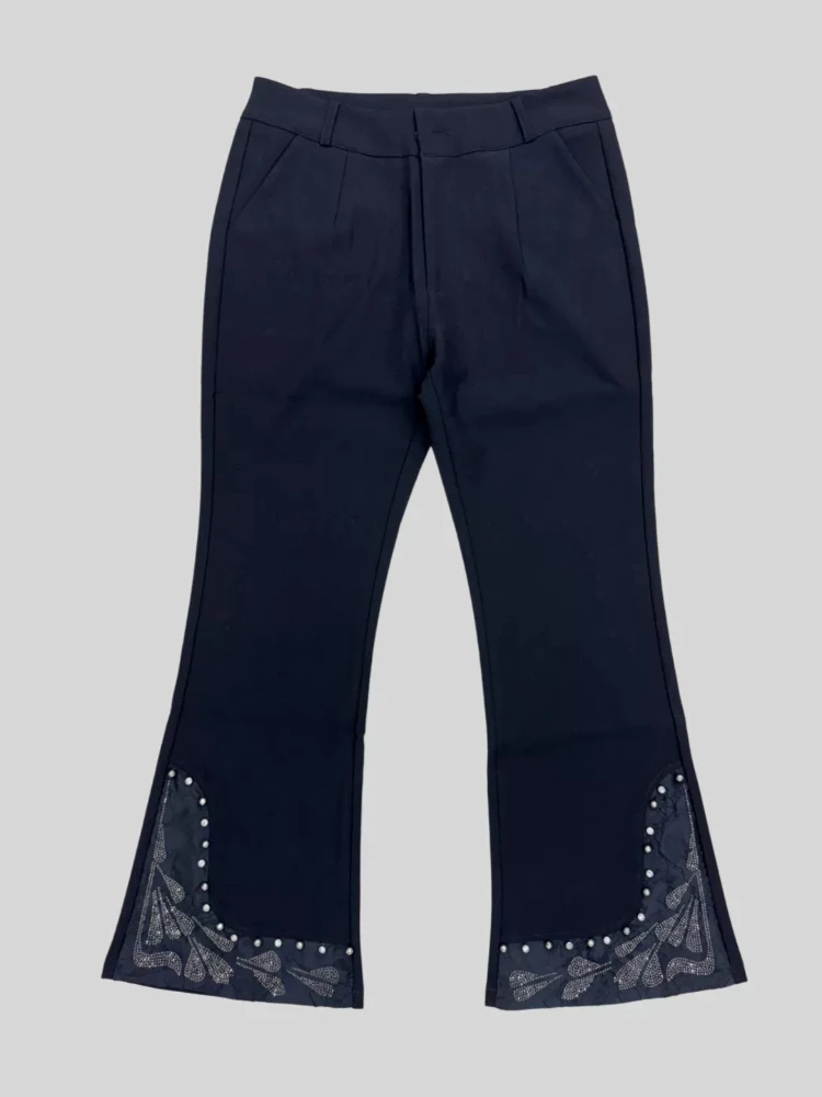 Pants High Rise Slimming Micro Flare Women 2026 Autumn Ankle Length Premium Chic Heavy Hotfix Beaded Rhinestone Black Trousers