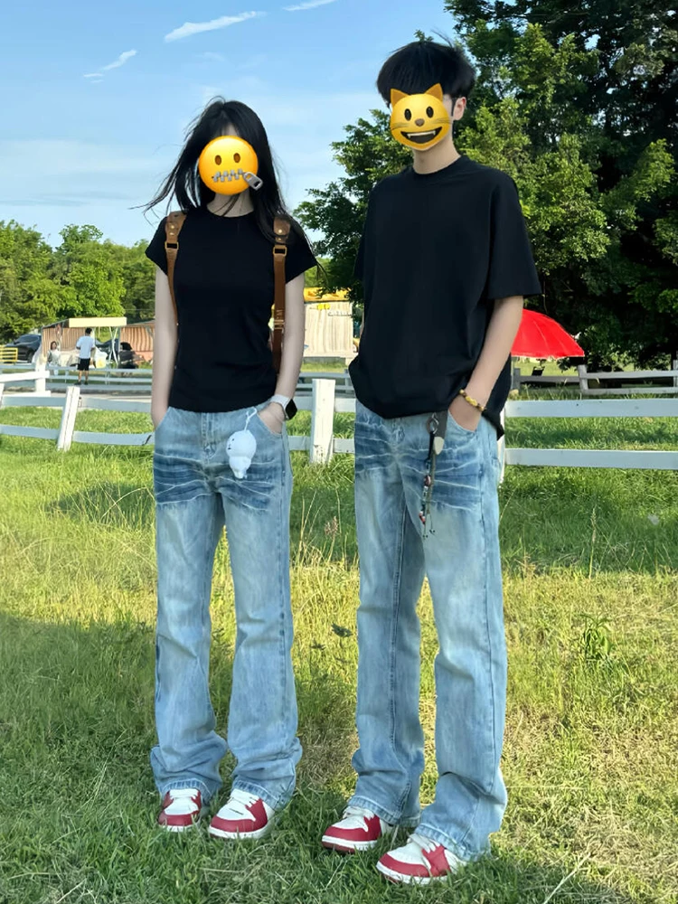 

Light Blue Lightning Pattern Men's Summer Thin Straight Leg Jeans High Street Vibe Narrow Version Loose Fit Long Pants