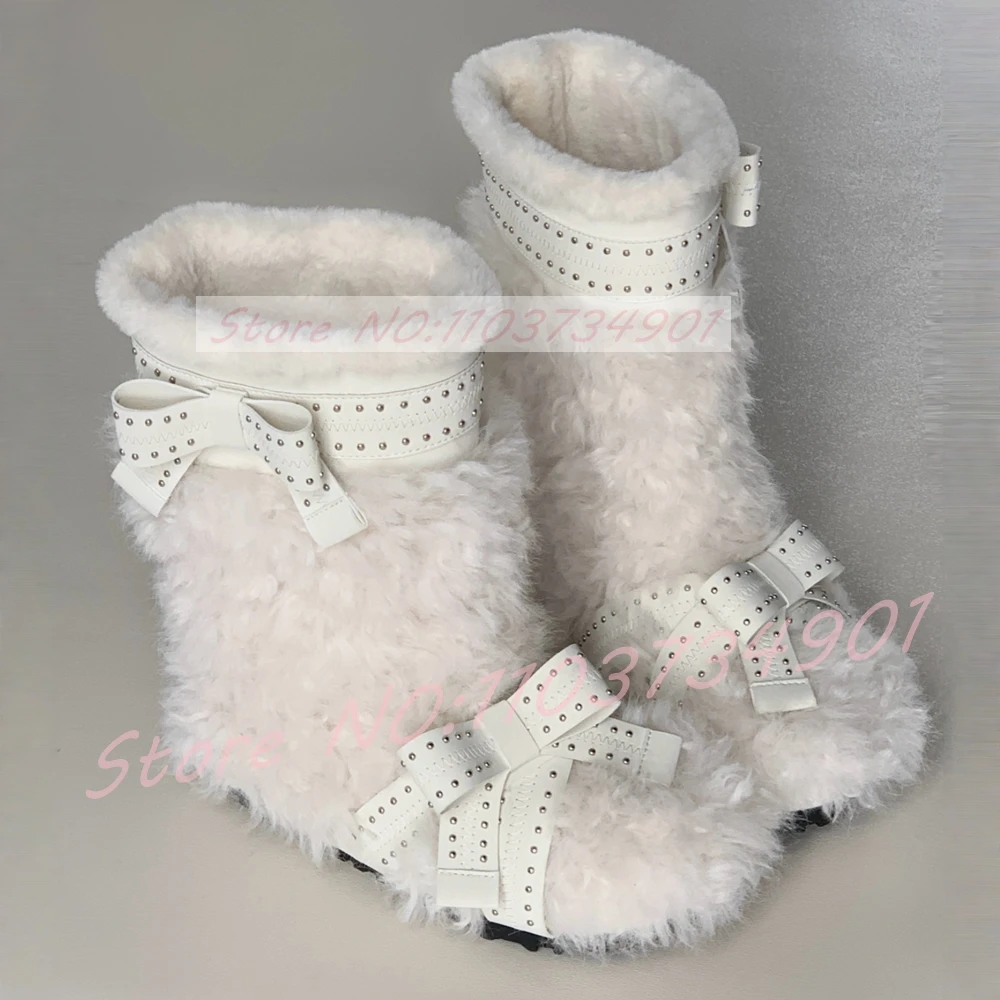 Lamb Wool Fur Winter Ankle Boots Women Butterfly-knot Rivets Round Toe Antislip Booties Female Fashion Party Warm Furry Boots