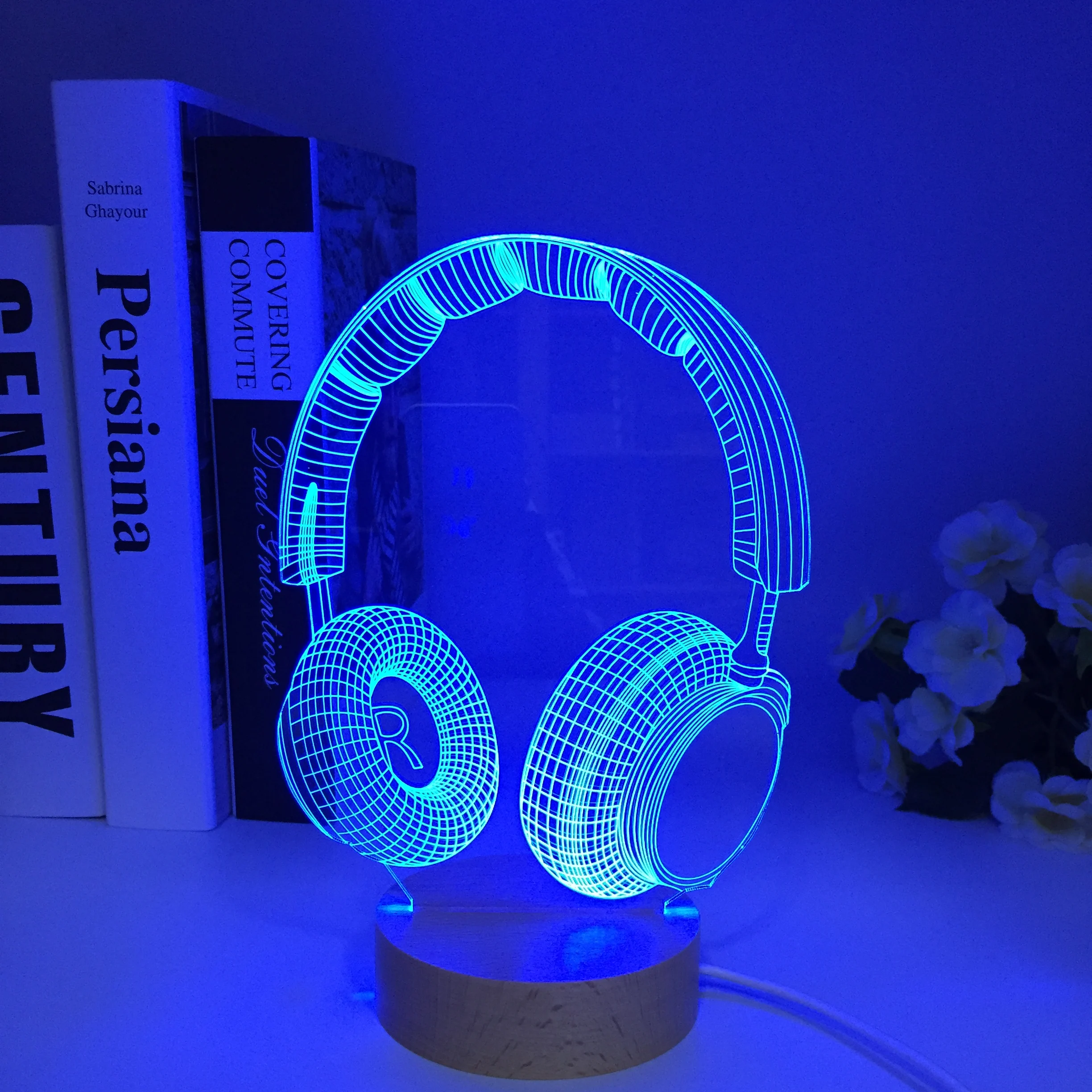 Wooden 3D Earphone Headphone Illlusion Lamp Studio Monitor Headset Music Earphone 3d Night Light Colors Bedroom Table Lamp