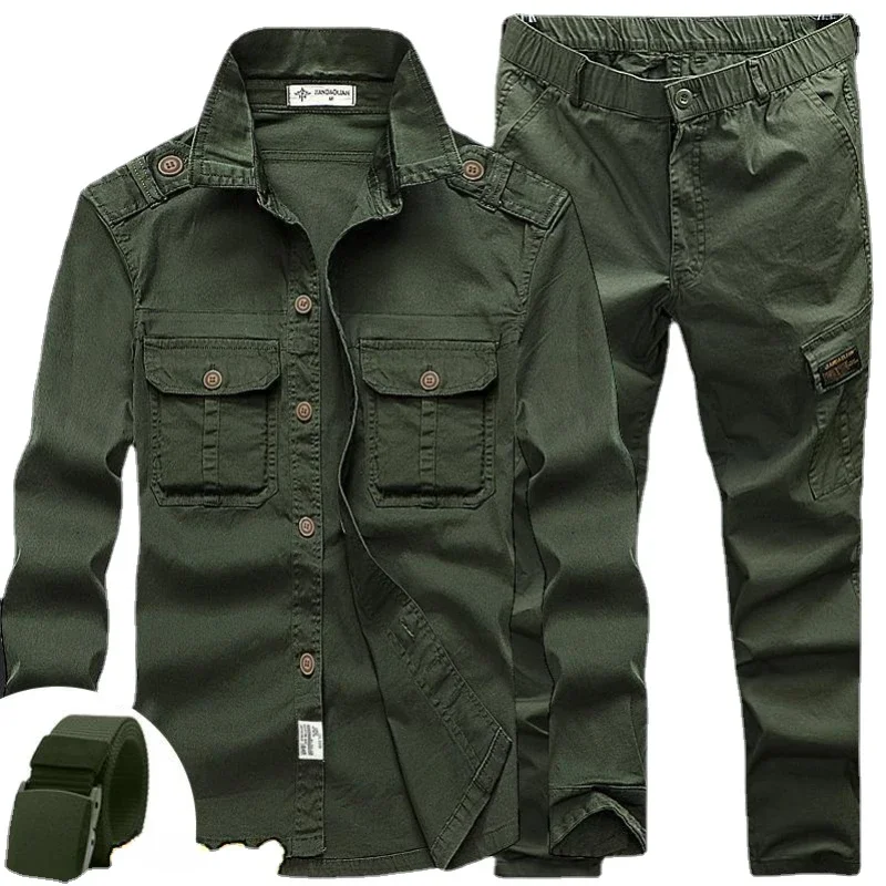 Outdoor Work Mens Set Hiking Wear-resistant Cotton Camouflage Suits Combat Elastic Shirt Multi Pocket Tactical Pants Ensemble