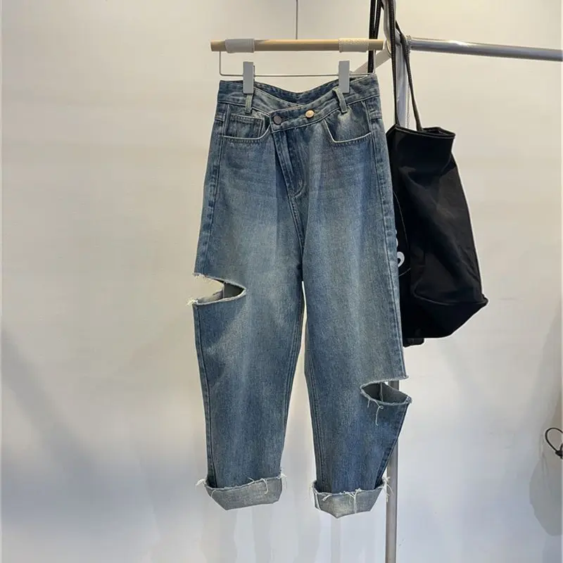 

plus Size 300 Pou Ripped BF Sle Nine-Tenths Harem Pants ex Summer American Casual Loose Jeans Straight Leg Fit Jeans