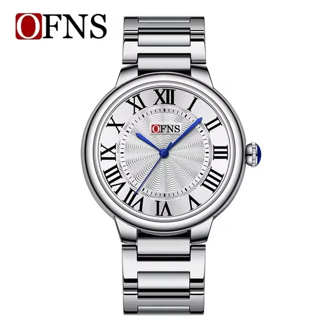 OFNS 1508 ساعة كوارتز رجالية موضة بسيطة حزام ناقل من الفولاذ حزام مقياس روماني مينا الأعمال ساعة يد فريدة للذكور