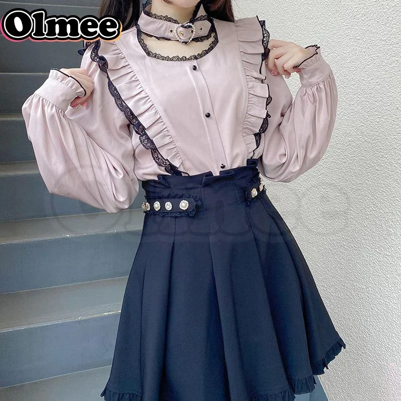 [Olmee] In Stock Roji Jirai Kei Neck Ring Lace Shirt Japanese Basic Pink Lolita Kawaii Sweet Cute Mine Style Kawaii y2k Big Size