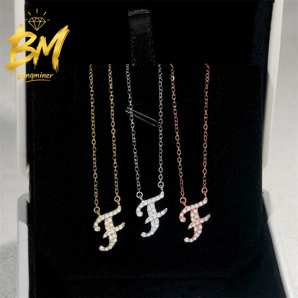 Blingminer S925 Silver Name Letter F VVS Moissanite Hip Hop Pendant Necklaces For Women  Jewelry Pass Diamonds Tester GRA