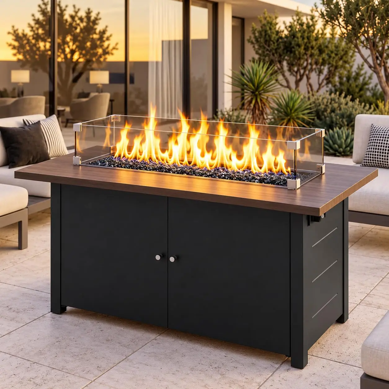 Propane Fire Pit Table 43 Inch with Lid, 60,000 BTU Gas Fire Pits for Outside Patio with Glass Wind Guard, Dark Black