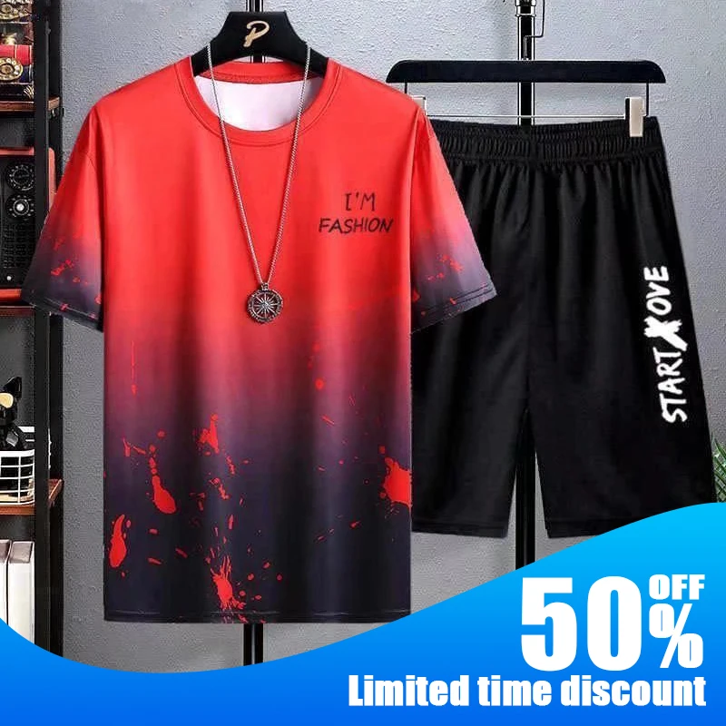 Traje deportivo para hombre, camiseta + Pantalones cortos, ropa de entrenamiento, conjunto de 2 piezas, ropa deportiva de manga corta con estampado