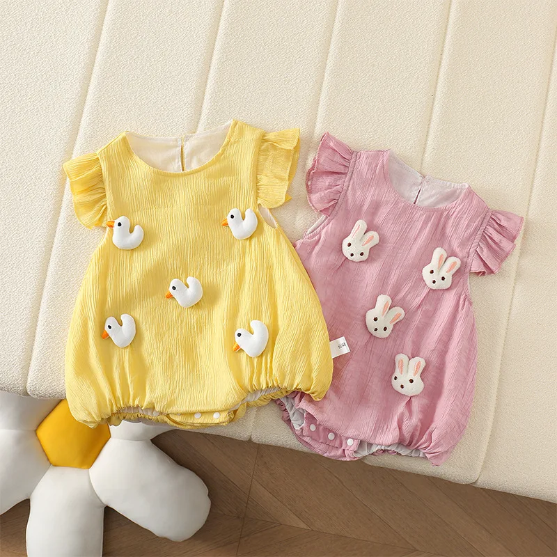 

2024 Autumn Bodysuit for Newborn Cute 3D Duckling Bunny Jumpsuit Solid Color Flare Sleeve Bodysuit Baby Girl Outfit