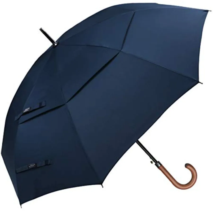 

52/62inch Wooden J Handle Golf Umbrella Windproof UV Protection Classic Stick Wedding Cane Umbrellas, Auto Open Cane Hook Handl