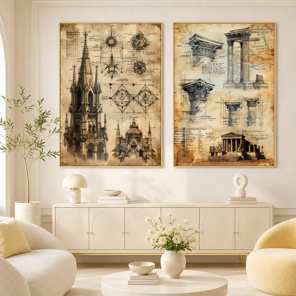 Vintage Architecture Drawings Poster Room Home Decoration Interior Wall Art Printing Garage Posters Gift