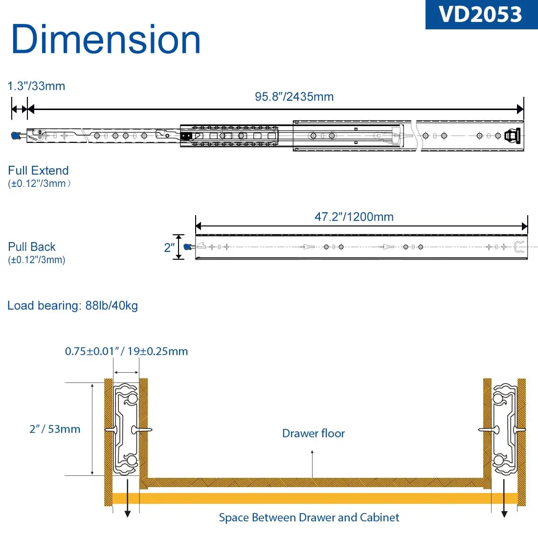 Detachble Heavy Duty Drawer Slides Full Extension 64/68/72/80 inches Side Mount Ball Bearing Rails Runners 250 Lbs