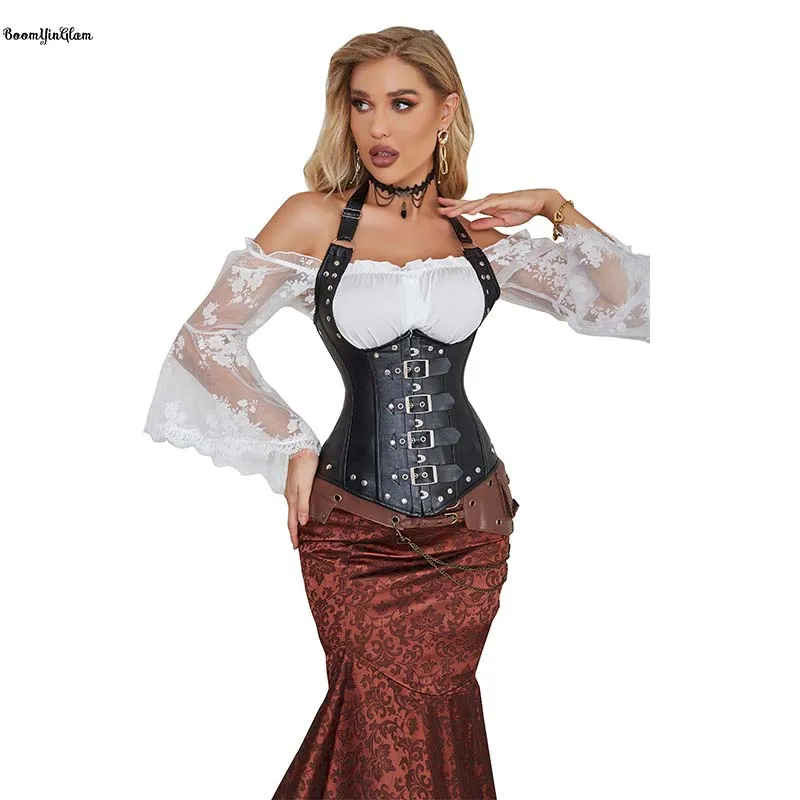 

Gothic Bodices Red Black Steampunk Vest Tank Top Women's Halterneck Buckle-up 12 Spiral Steel Bone Corset With Rope