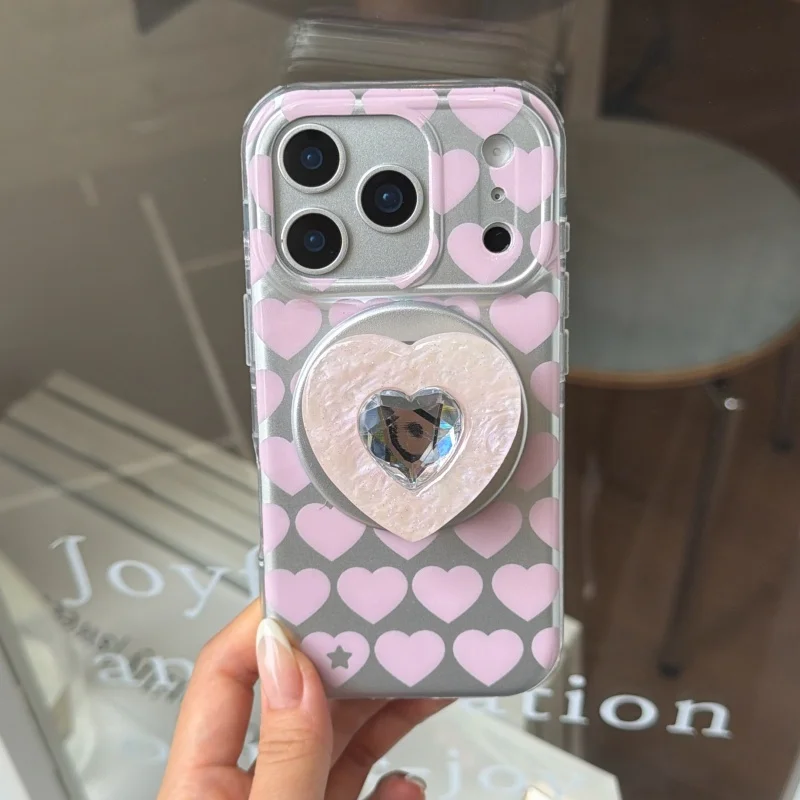 

Korean Silver Plalting Cute Love Heart Pattern Magnetic Phone Case For iPhone 17 Pro 16 15 Pro Max 16Pro Cover with Stand For Ma