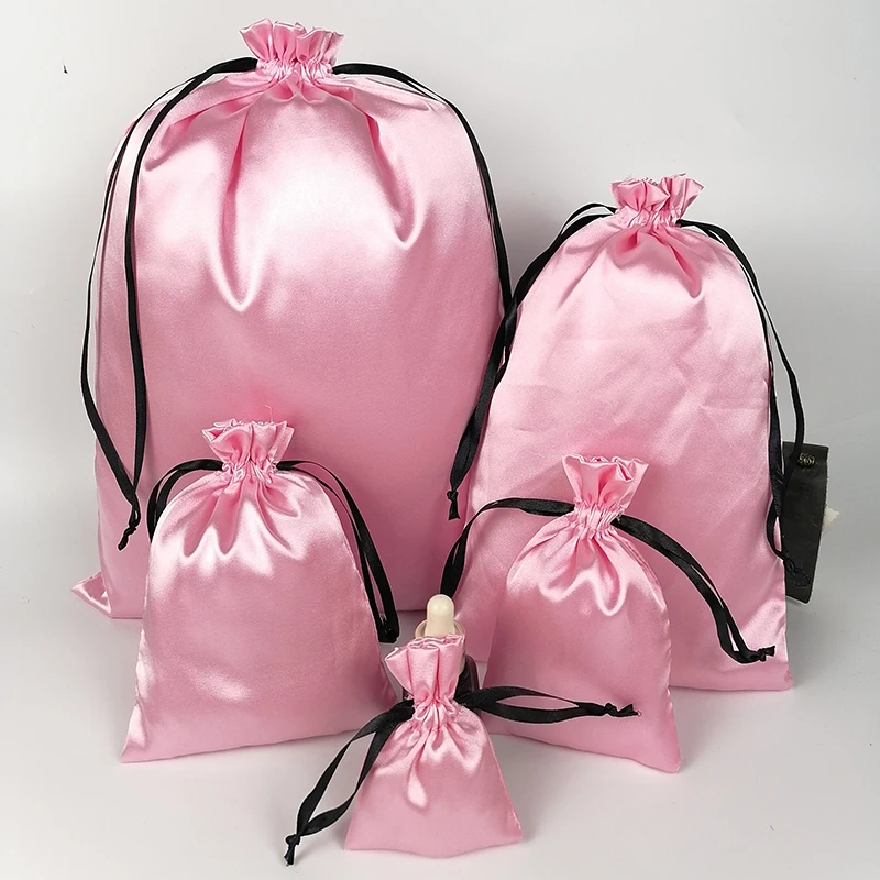 Pink Silk Packaging Bags Satin Drawstring Pouch Jewelry Cosmetic Makeup Party Candy Sachet HandBag Shoe Dustproof Bag Print Logo