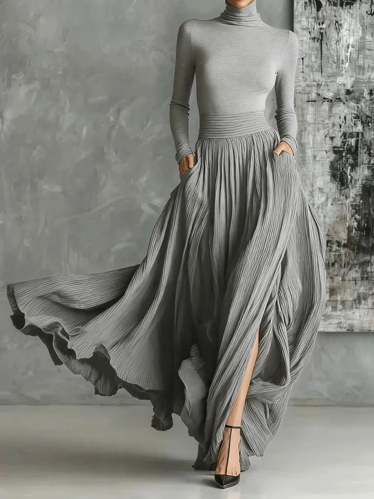 ชุดเซ็ต 2 ชิ้น เสื้อคอเต่าแขนยาวและกระโปรงยาวทรงแม็กซี่ สำหรับผู้หญิง สไตล์เรียบหรู ใส่ได้ทั้งฤดูใบไม้ผลิและฤดูใบไม้ร่วง เหมาะสำหรับวันหยุดพักผ่อน แฟชั่นทันสมัย