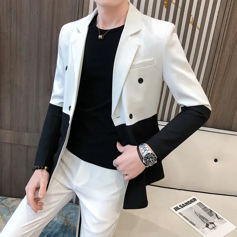 

Mens Suit Jacket Blazers Fall New Half Black Red White Double Breasted Blazer Casual Slim Wedding Prom Fashion Men Clothing