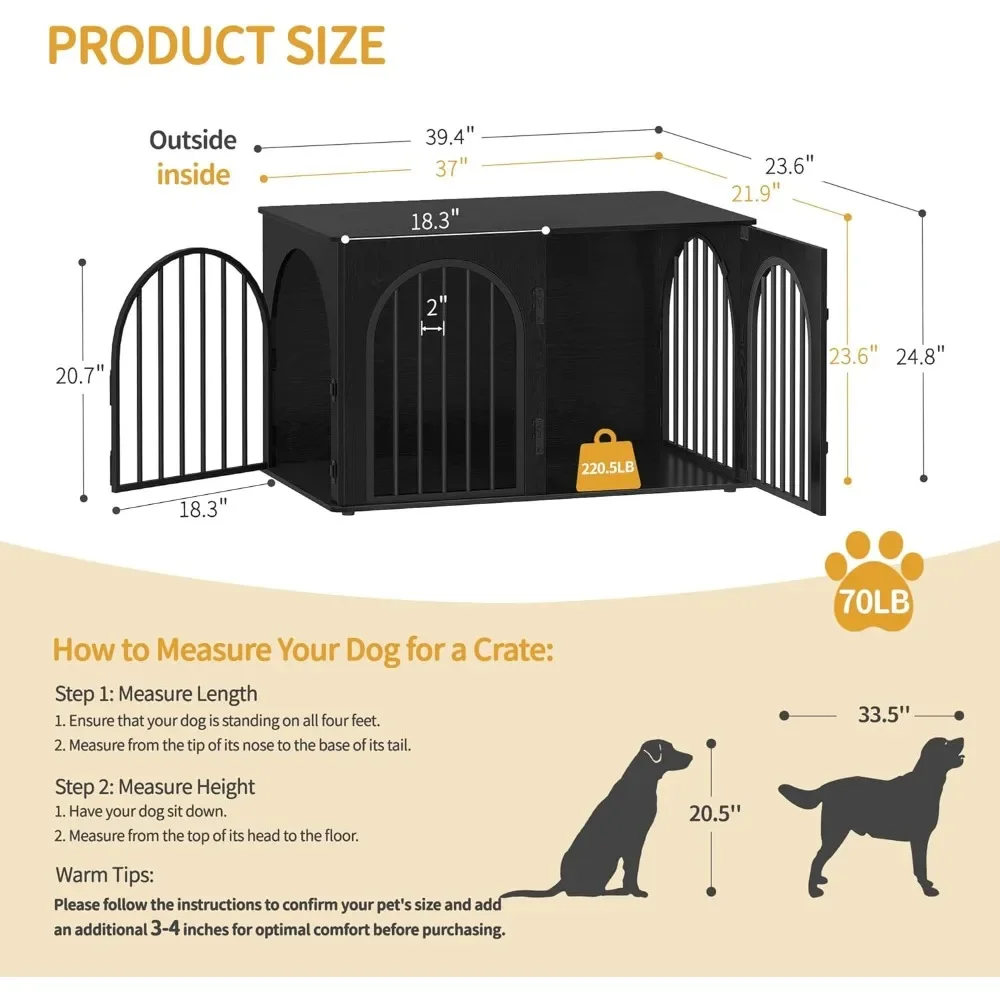 

39.4" Wooden Dog Crate Furniture, Indoor Kennel for Small/Medium/Large Dogs, Heavy Duty Pet Cage End Table TV Stand Black