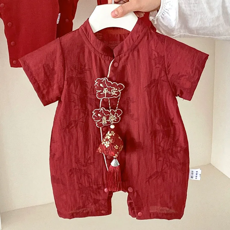 

Summer Newborn Boy Clothes Fashion Chinese Style New Year Birthday Red Short Sleeve Cotton Baby Romper Jumpsuit Baby Stuff B306