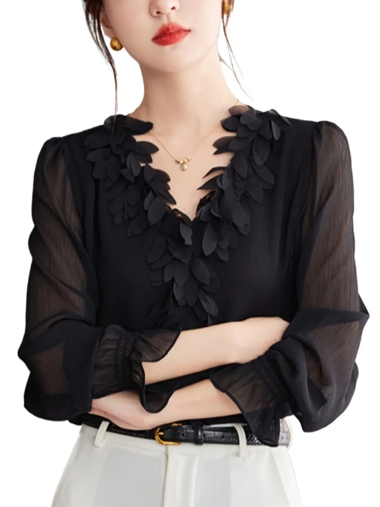 

romantic women leaves shirts elegant lady black chiffon blouses