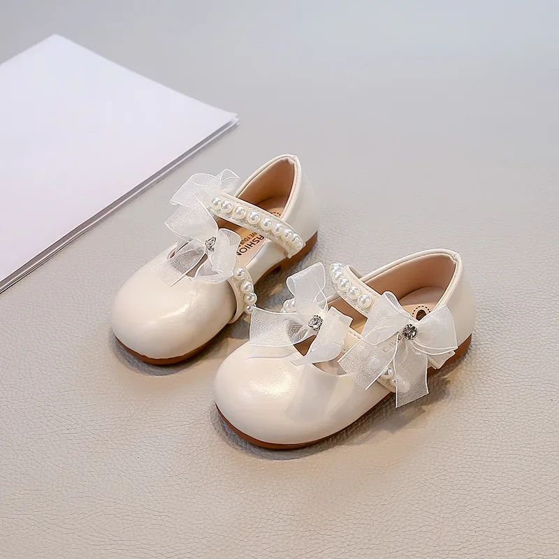 Girls Princess Shoes Spring Autumn New Bow Pearl Rhinestone PU Leather Shoes Fashion Soft Sole Mary Jane School Student Loafer