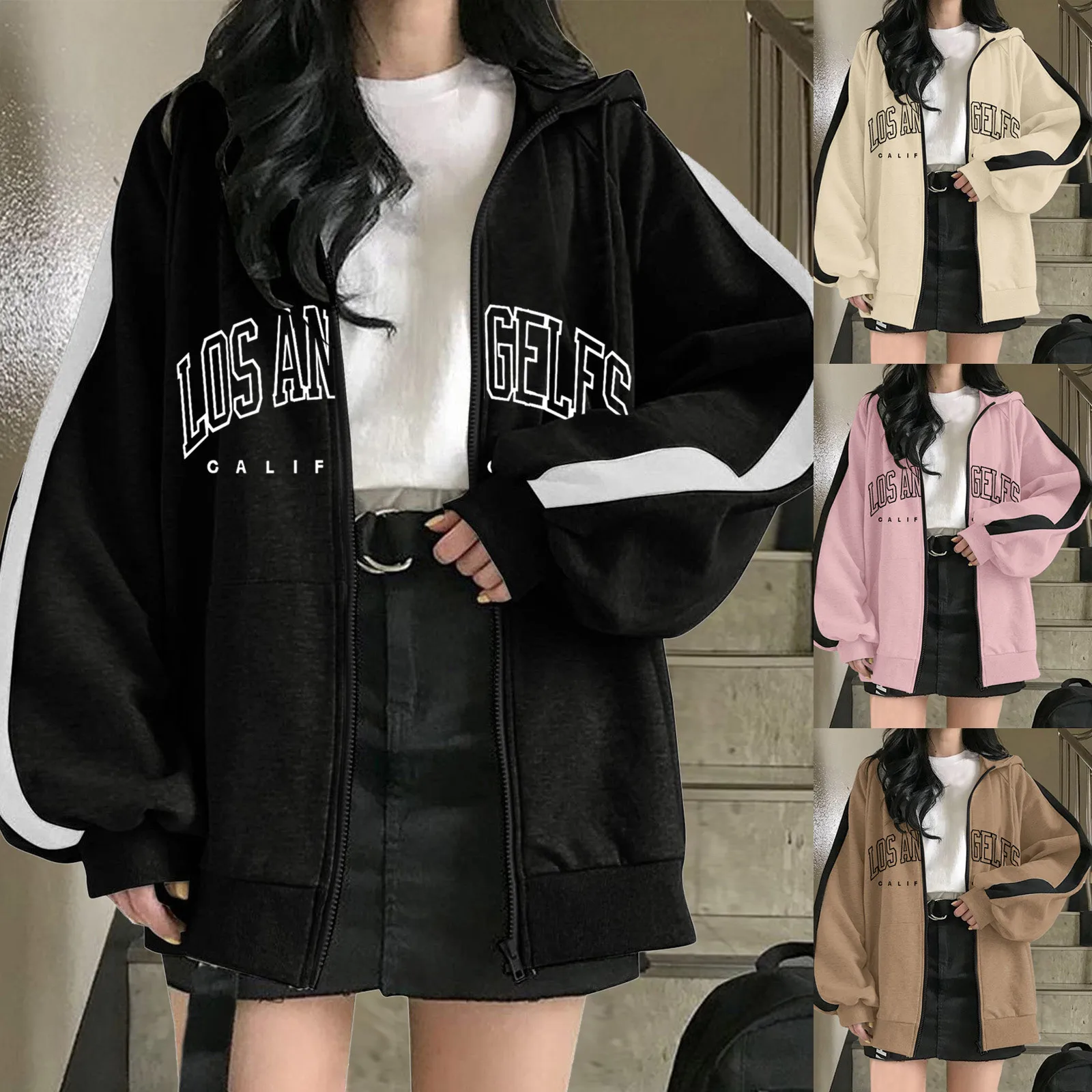 

Women's Hoodie Harajuku Letter Print Zip Up Comfy Sweatshirts Female Streetwear Hooded Coats Warm Casual Loose Oversize Jackets