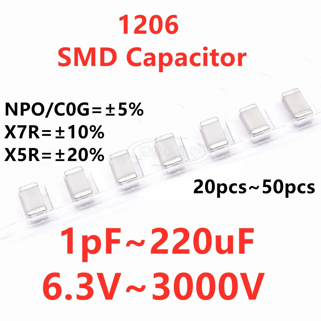 1206 Kondensator 1PF 2.2PF 3.3PF 4.7PF6.8PF 10PF220PF330PF470PF680PF1NF2.2NF4.7NF10NF100NF0.1UF1UF2.2UF4.7UF10UF22UF100UF220UF 103 6.3V 10V 16V 25V 35V 50V 63V 100V 250V 500V 630V 1KV 2KV 3KV