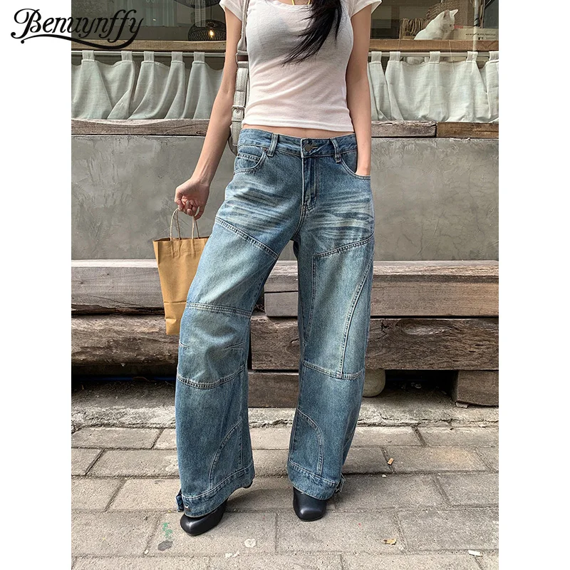 

Джинсы Benuynffy в американском стиле, свободные, с эффектом потертости, женские, весна-лето 2026, новые, винтажные Y2K, с низкой посадкой, универсальные, широкие джинсовые брюки