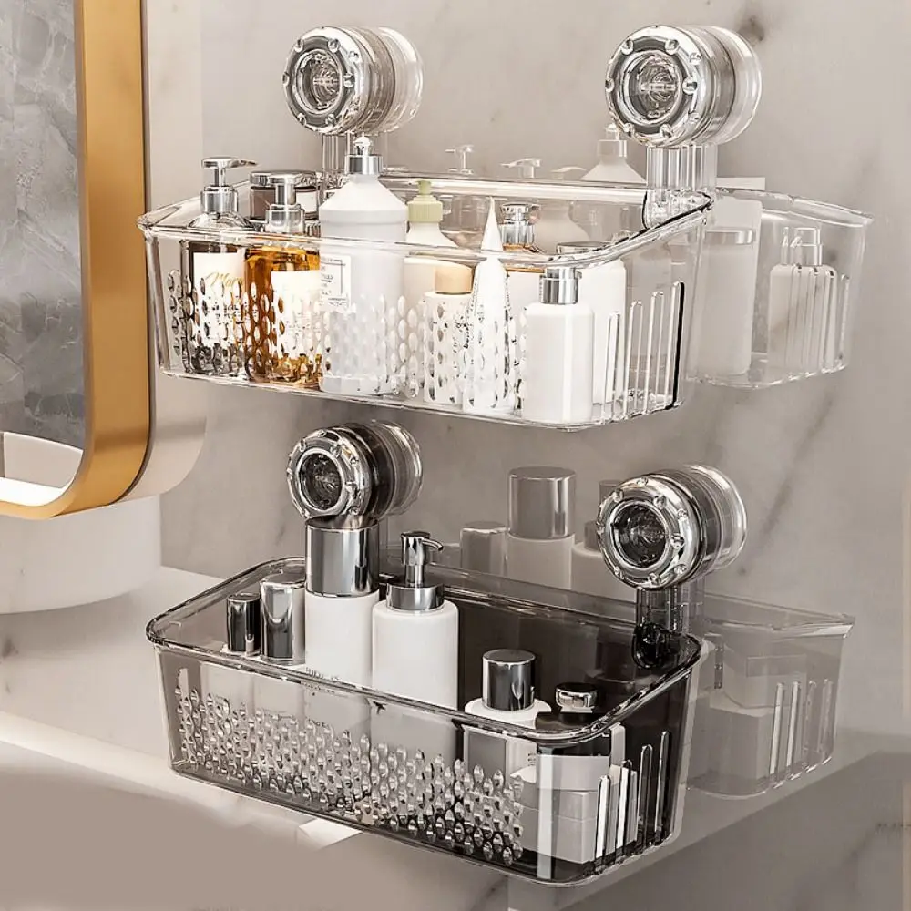

Plastic Suction Cup Shower Rack Large Capacity Transparent Wall Mounted Storage Rack Space Saving Waterproof Draining Basket