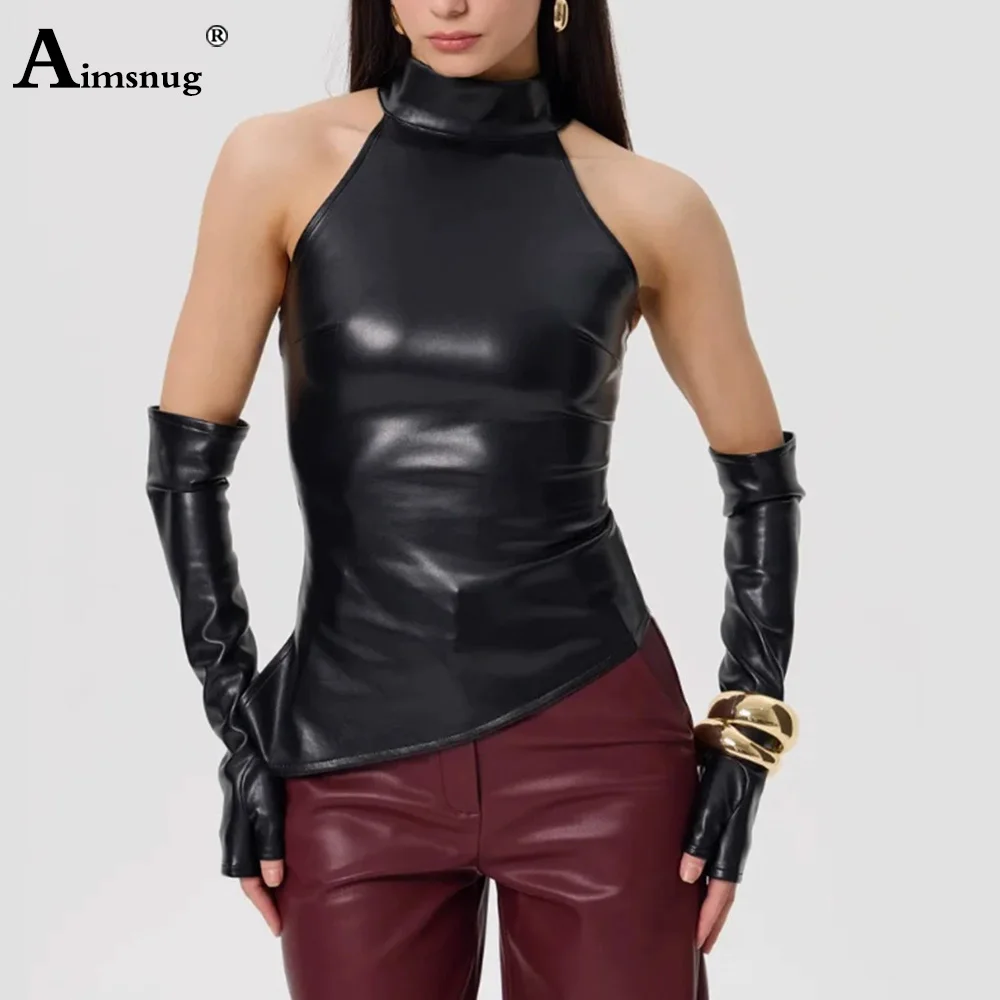 

Европейский стиль 2025, женский жилет без рукавов из искусственной кожи, рубашки, сексуальный топ на бретелях для ночного танца и клуба, женские водолазки, пуловеры femmes