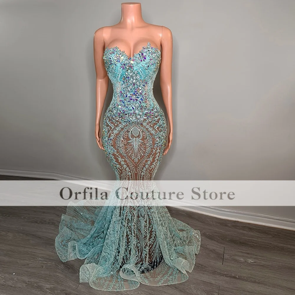 Orfila Mermaid Prom Dress Crystal Beaded Head Cover Evening Dress with Fringe Black Girls Birthday Gala Customized