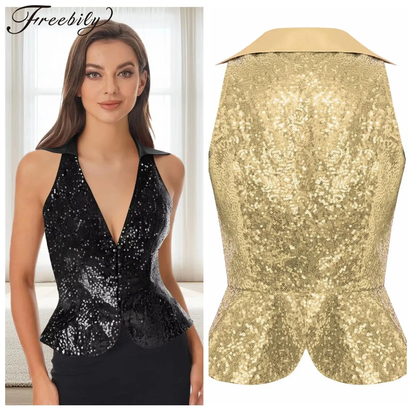 Womens Sequin Vest Lapel Sparkly Cosutme Sleeveless Vests Nightclub Jazz Dance Party Dressy Tops Rave Music Festival Waistcoat