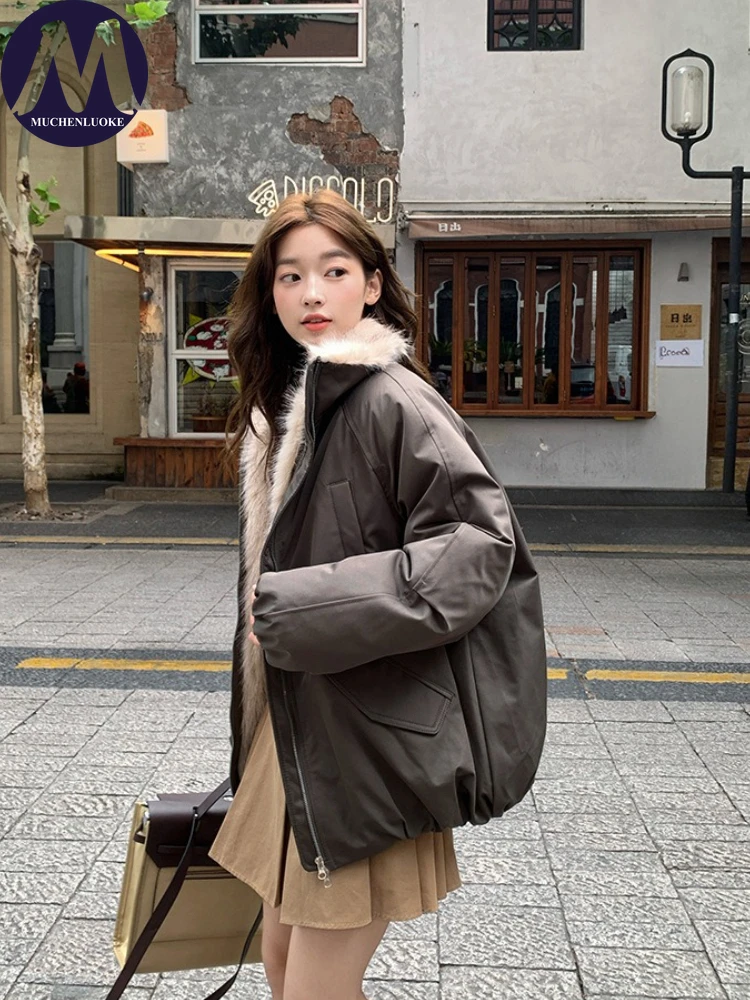 Jackets for Woman Winter Elegant Long Sleeve Plush Stand Collar Down Cotton Coat Korean Fashion Casual Loose Thick Warm Parkas