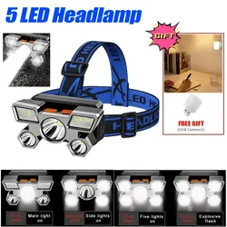 Portable Powerful 5 LED Headlamp XHP90 USB Rechargeable Hunting Headlight Outdoors Waterproof Head Torch With 18650 Battery