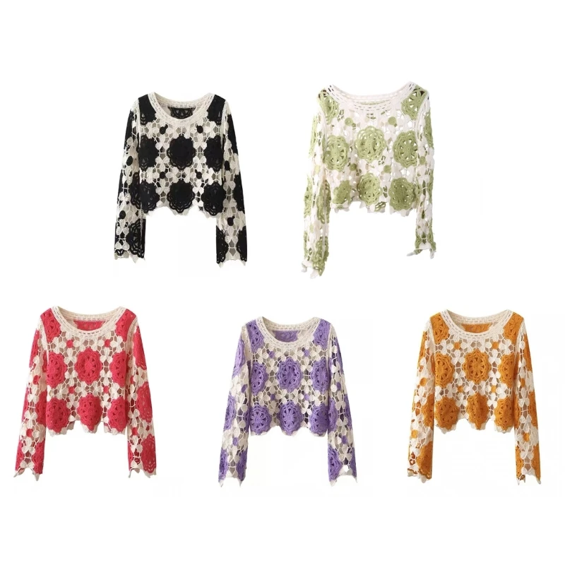 Women's Long Sleeves Knit Tops Fashion Hollow out Tops French Crochet Blouses for Daily